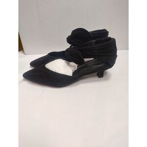 Coutgo Womens Black Faux Suede Pointed Toe Ankle Tie Kitten Heels Size 7